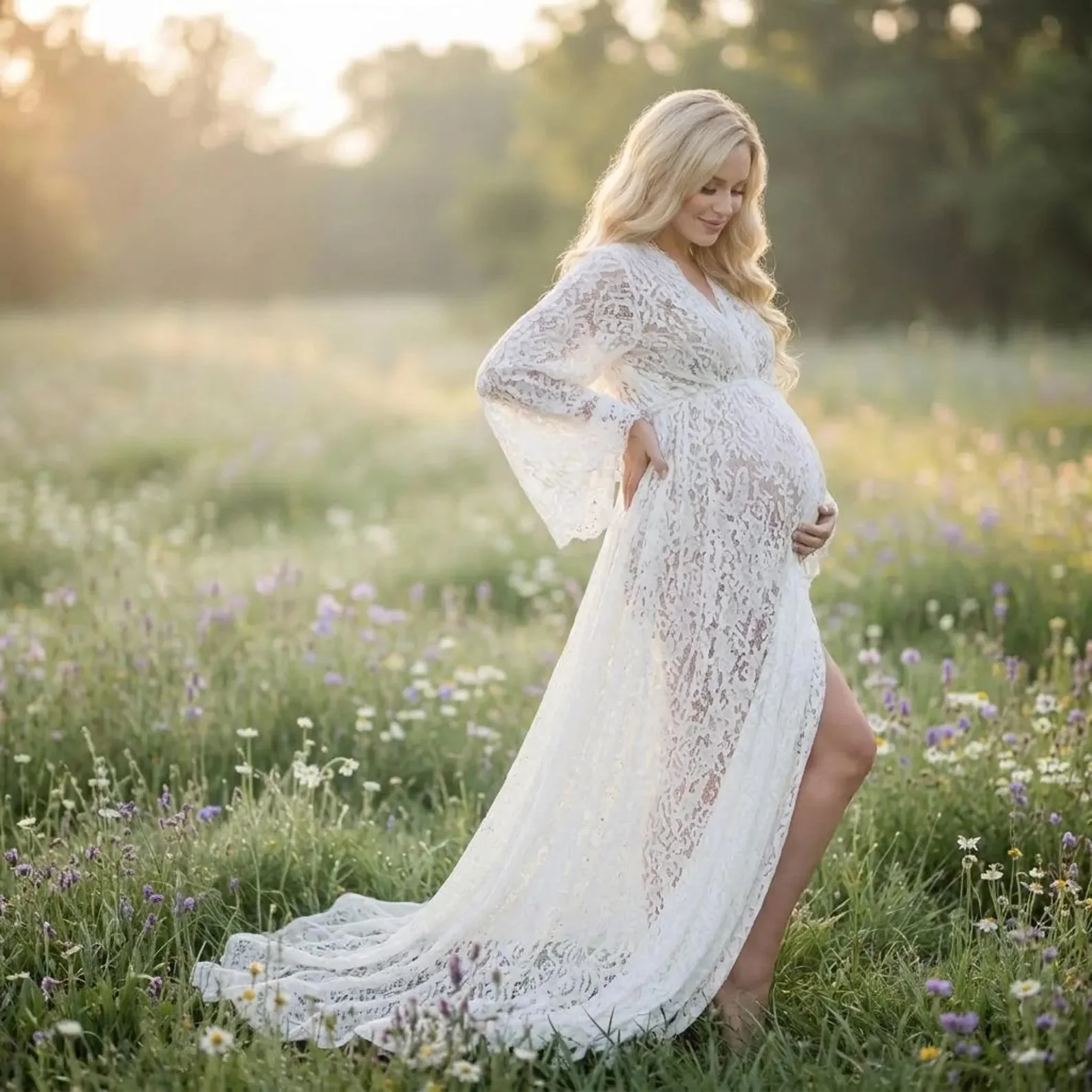 White Lace Boho Maternity Photography Props Dress V-neck See Through Pregnant Woman Bohemian Dress For Photo Shoot