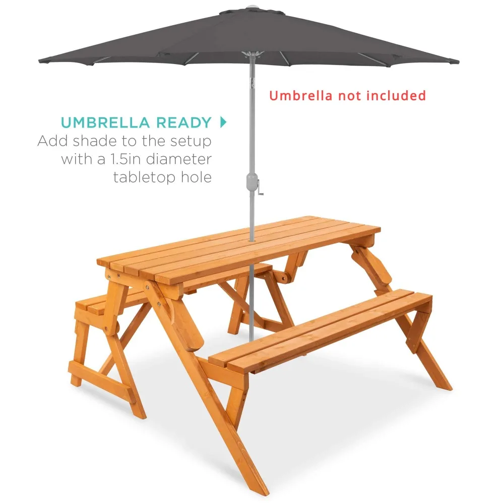 2-in-1 Transforming Interchangeable Outdoor Wooden Picnic Table Garden Bench for Patio, Deck w/Umbrella Hole