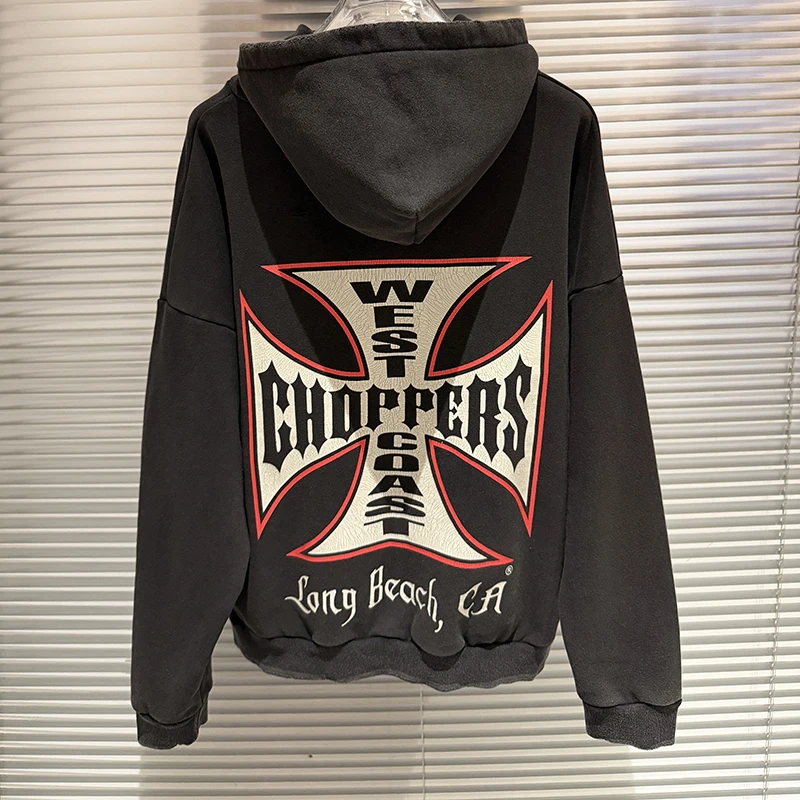 26FW Men Women Patterned Print West Coast Hooded Zip Up Jacket Vintage Washed Black Oversized Highest Quality Cotton Hoodie