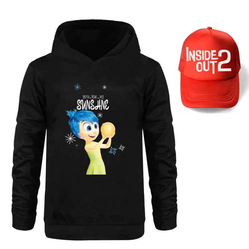 Sudadera con capucha para niños Inside Out 2, ropa para niñas, ropa de moda para niños Joy, Tops deportivos cálidos para otoño + gorra, regalos de temporada de regreso a la escuela