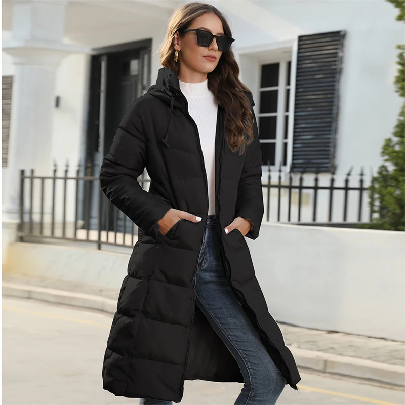 Winter Hooded Women\'s Cotton Jackets Fashion New Women Mid Length Straight Suatans Parkas Coats Ladies Solid Thick Skinny Coats