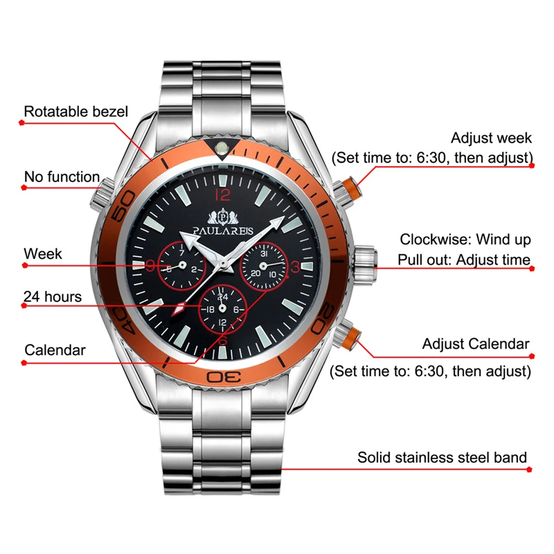 PAULAREIS P Mens Watches Top Brand Luxury Mechanical Watch for Men Stainless Steel Waterproof Sports Automatic Wrist Watch Male