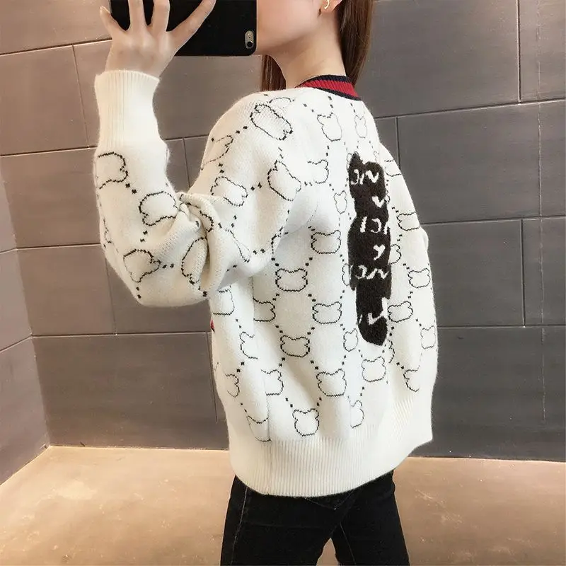 Autumn Winter New Printing Fashion Long Sleeve Sweater Women Casual Loose Button Korean Style Elegant Y2K All-match Cardigan