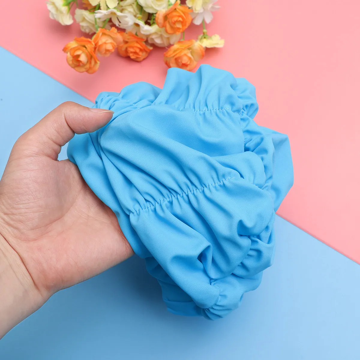1Pcs Women Pleated Swim Cap Blue Waterproof Lightweight Protective Swimming Accessory Ear Cover for Pool Beach