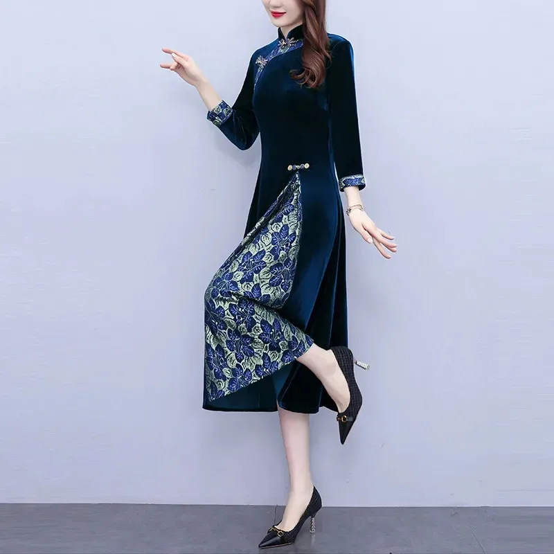 Improved Cheongsam Dress For Women Spring Autumn New Middle-aged Mother Golden Velvet Dresses High End Elegant Party Dress 5XL