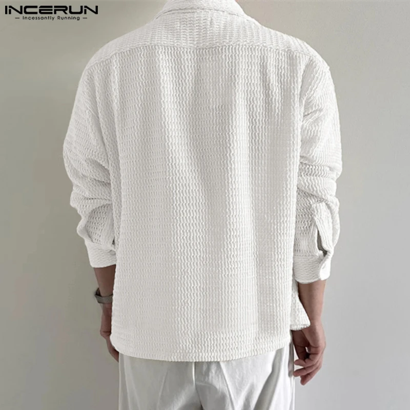 INCERUN Men Shirts Solid Color Hollow Out Lapel Long Sleeve Casual Men Clothing Streetwear 2024 Transparent Fashion Shirts S-5XL