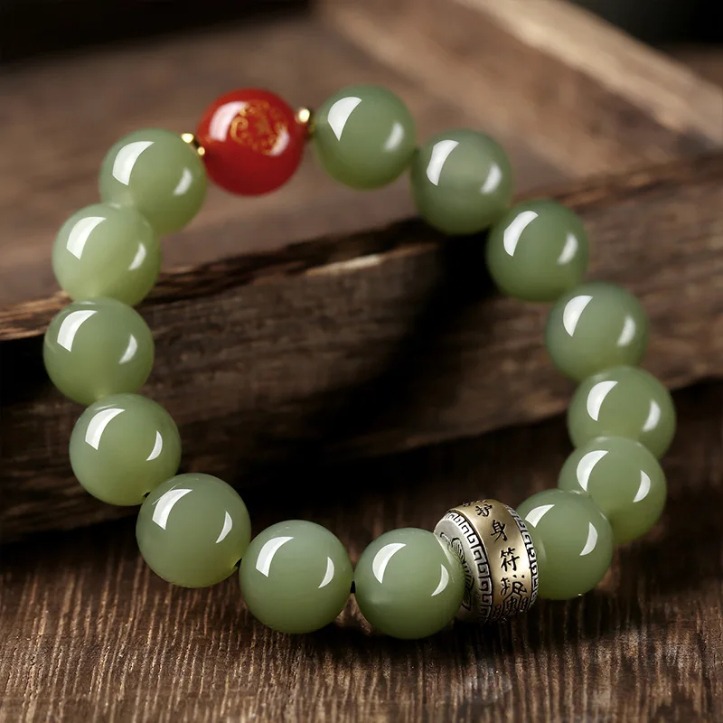 Hetian Jade Bracelet 12mm Single Loop Men's S925 Silver Zodiac Buddha Bead