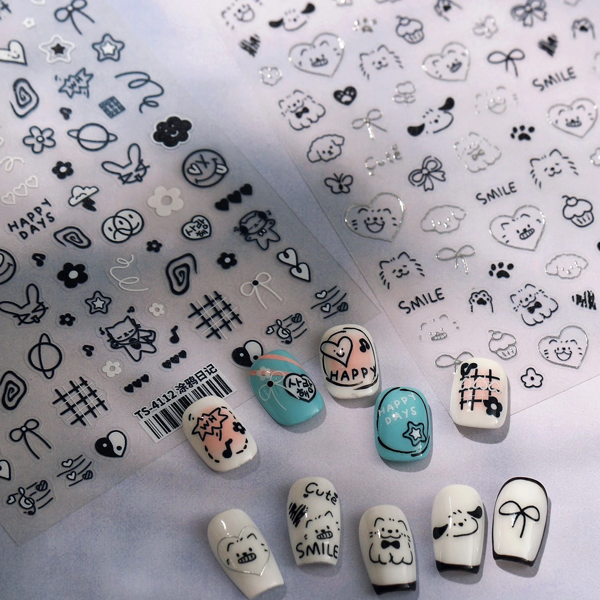 Graffiti Pfote Schleife Kuchen Katze Hund Kaninchen Blume Liebe Herz Blume Stern Planet Wolke Gird Linie Nail Art Aufkleber Maniküre Aufkleber