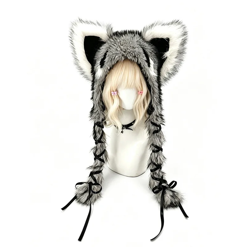 Adult Furry Fursuit Raccoon Gray Wolf Ears Plush Hat with Long Braids Fluffy Winter Warm Halloween Cosplay Costume Accessory
