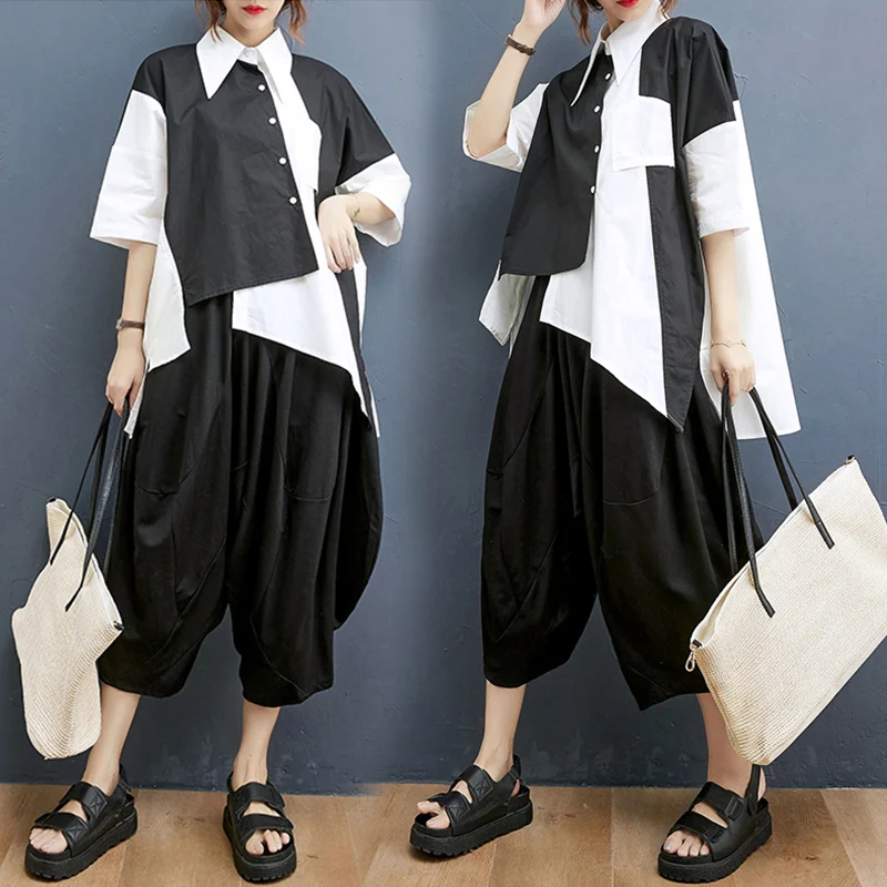 

Свободный комплект из двух предметов, цвет Blo ort Sve, широкие брюки с воротником на пуговицах, эластичная талия, модные брюки и брюки, ансамбль