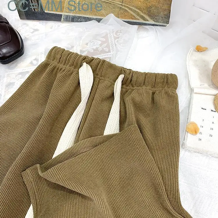 

New Corduroy Striped Pants Women Autumn Winter Wide Leg High Waisted Drawstring Straight Korean Thicken Warm Trousers