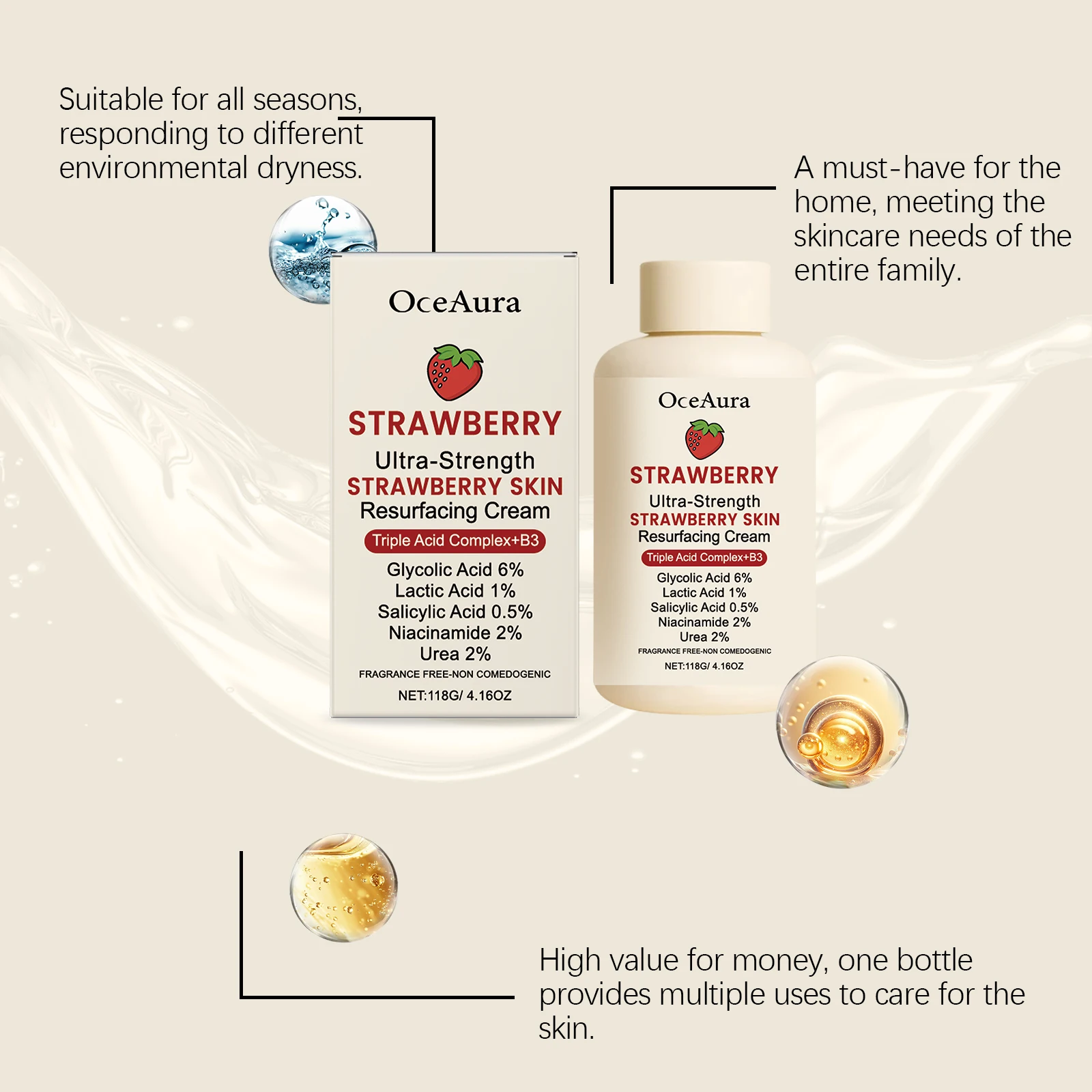 Oceaura Strawberry Body Cream Gentle Moisturizing Lightweight Non-greasy Improve Skin Texture Enhance Smoothness Soft Body Care
