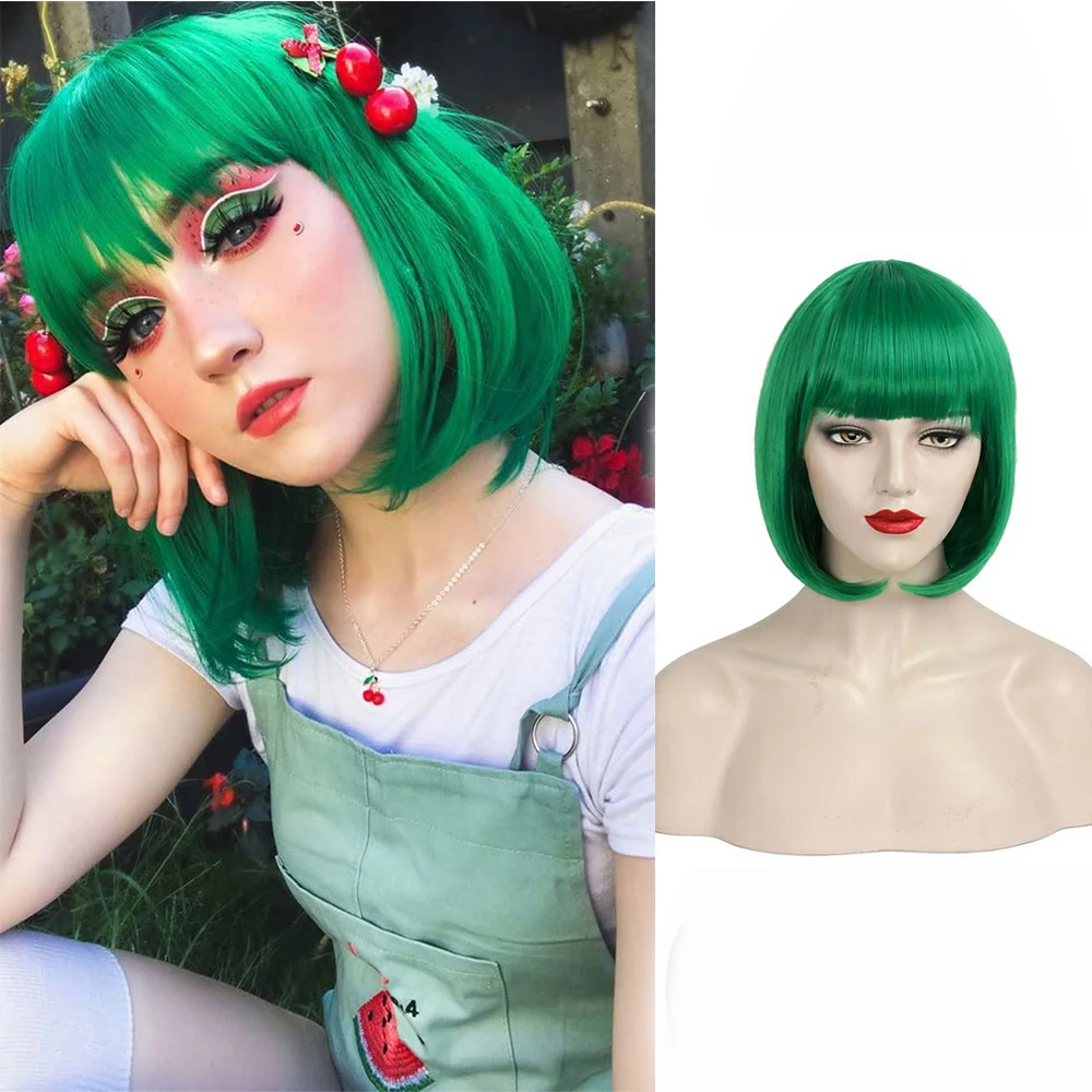 Chic Short Straight Bob Synthetic Fibers wigs With Flat Bangs Rose Net Cap hair St. Patrick\'s Day cospaly for women wear wigs