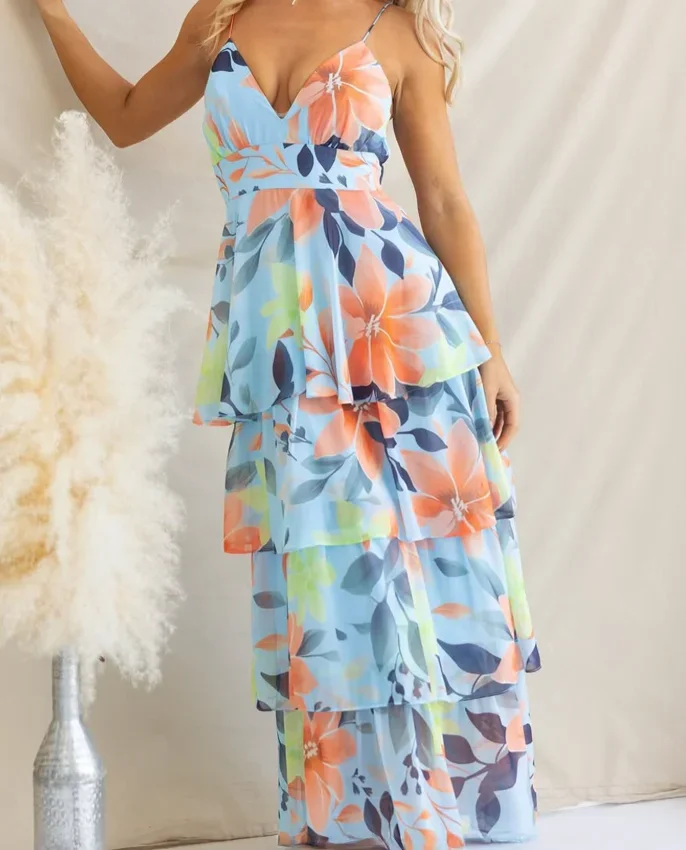 여름 드레스 여성 신선한 꽃 프린트 v 넥 하이 웨이스트 캐미솔 캐주얼 비치 휴가 쉬폰 드레스 여성