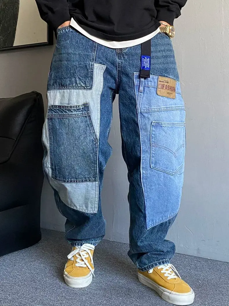 Men's Patchwork Pattern Design Baggy Jeans Cool Boy Street Style Bottoms Casual Pants Fashion Wide Leg Trousers Male Sweatpants
