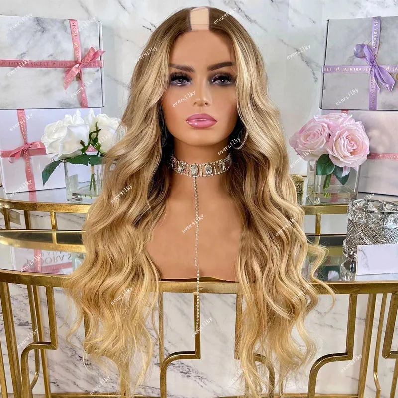 Ombre Golden Honey Blonde Loose Wave V Part 100% Human Hair Wigs Brown Side/Middle Open Wig Body Wavy U Shape Full Machine End