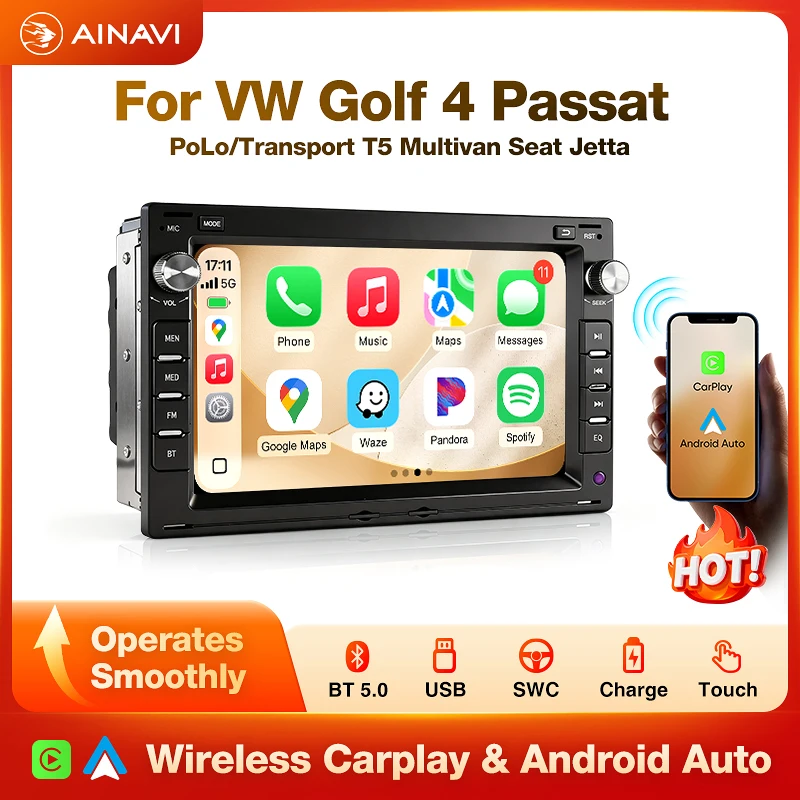 AINAVI 7 Zoll Autoradio für VW Golf 4 Jetta MK4 Passat B5 Multivan T5 Polo 4 Seat Leon Skoda Wireless Carplay Android Auto 7 Zoll 2 Din IPS Touchscreen 4G GPS SWC FM AM BT 5.0 USB Auto-Multimedia