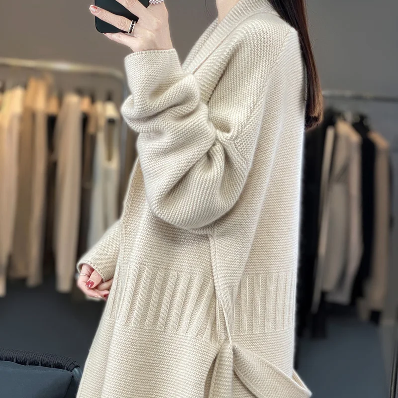 Sweter damski pogrubiony kardigan 100% Merino wełniany, długi sweter swobodny luźny sweter z paskiem modny koreański duży rozmiar