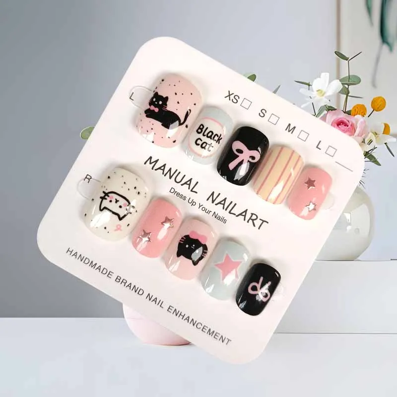 10Pcs Korean Style Cute Cartoon Black Cat Pink Bowknot Sweet Cool Hand Drawn Nail Patch  Press on Nails Fake Nails Nail Sticker