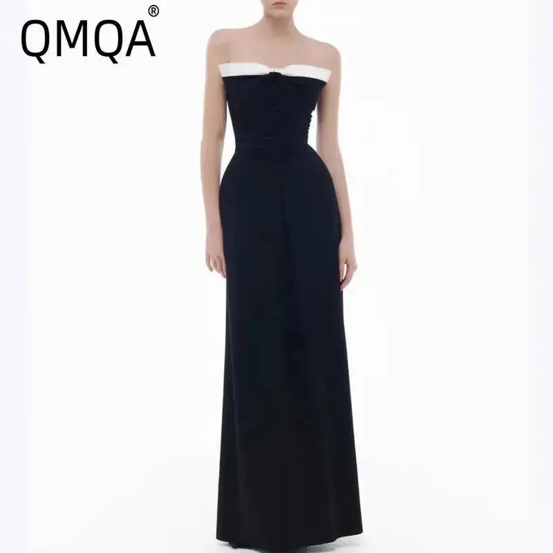 QMQA Fashion Women's Elegant Color-blocked Strapless Long Dress Slash Neck High Waist Slimming Evening Dresses 2026 New QM1260