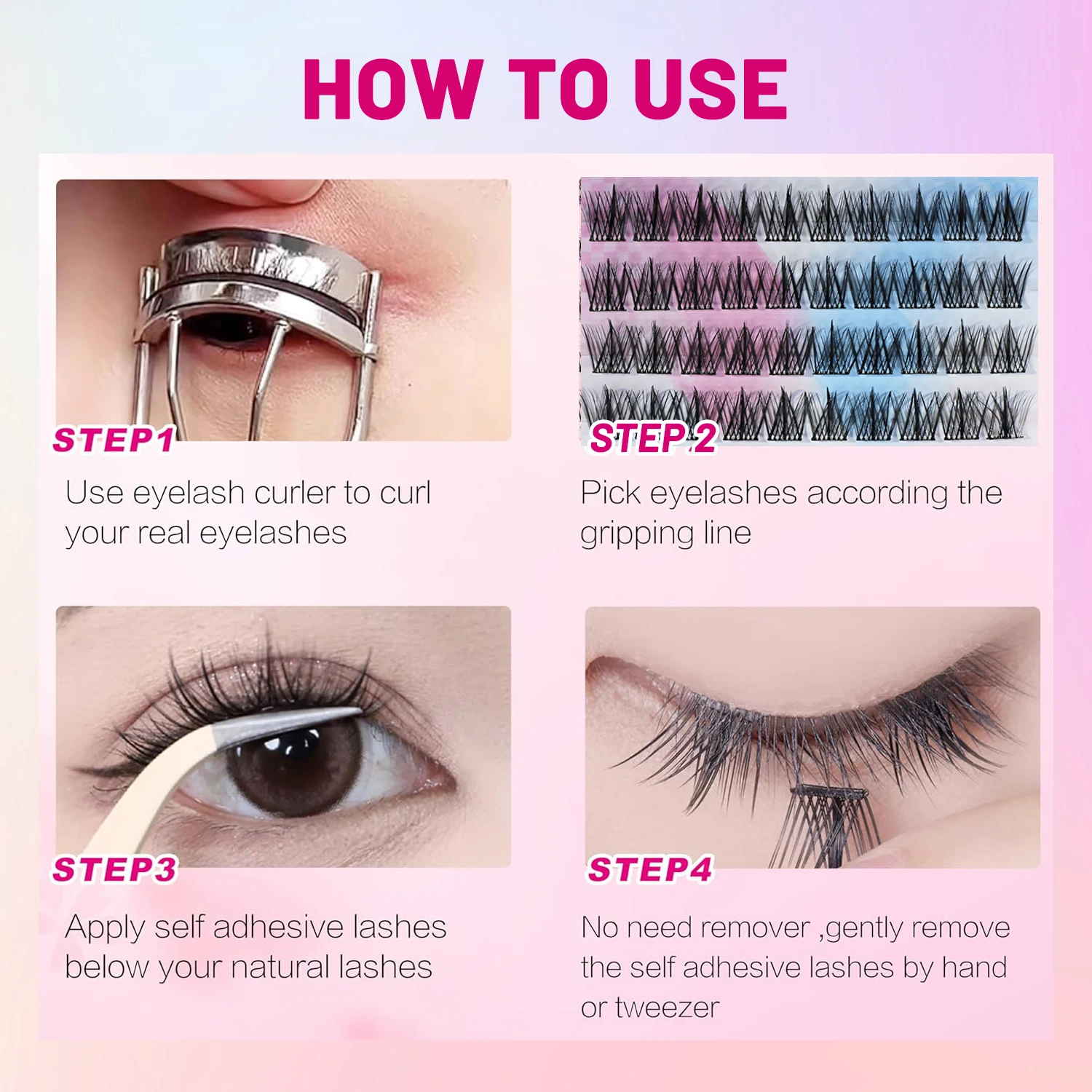 Reusable Adhesive Eyelashes 100 Pieces Natural Look Self-Adhesive False Eyelashes Manga Wispy Suitable for Women Girls Eye Makeup Beginners Easy to Apply Save Time