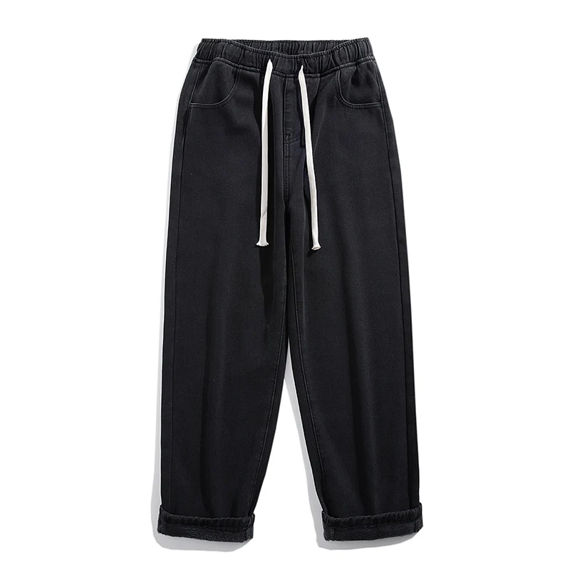 الكلاسيكية الرجال الشتاء سميكة الصوف الجينز الكورية الشارع الهيب هوب فضفاض الساخن المخملية مستقيم الساق واسعة الساق السراويل بناطيل تدفئة أزرق أسود #6