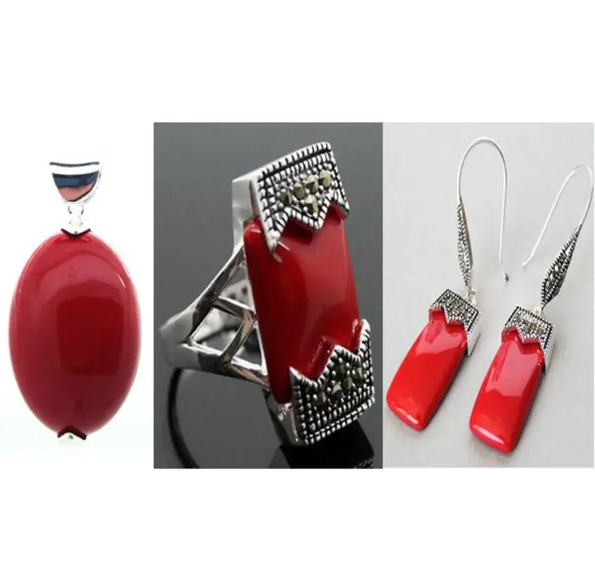 

Fashion jewelry Fashion designed Red Carved Lacquer Marcasite 925 Sterling Silver Ring(#7-10) Earrings & Pandent