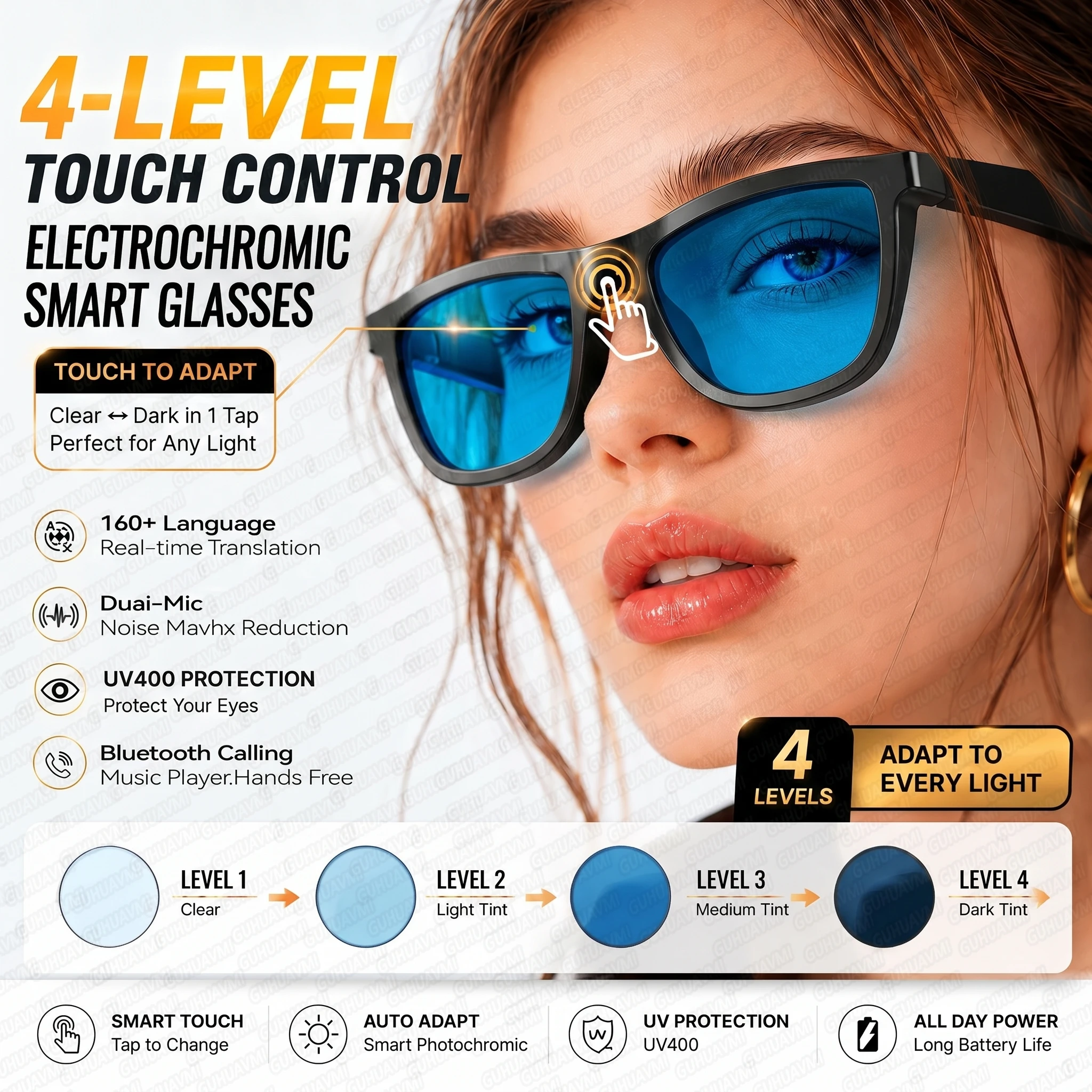 

New Touch Color-changing Electrochromic Lenses Smart Glasses Women 160+language Translation Call Dual-mic Open-ear Audio Glasses