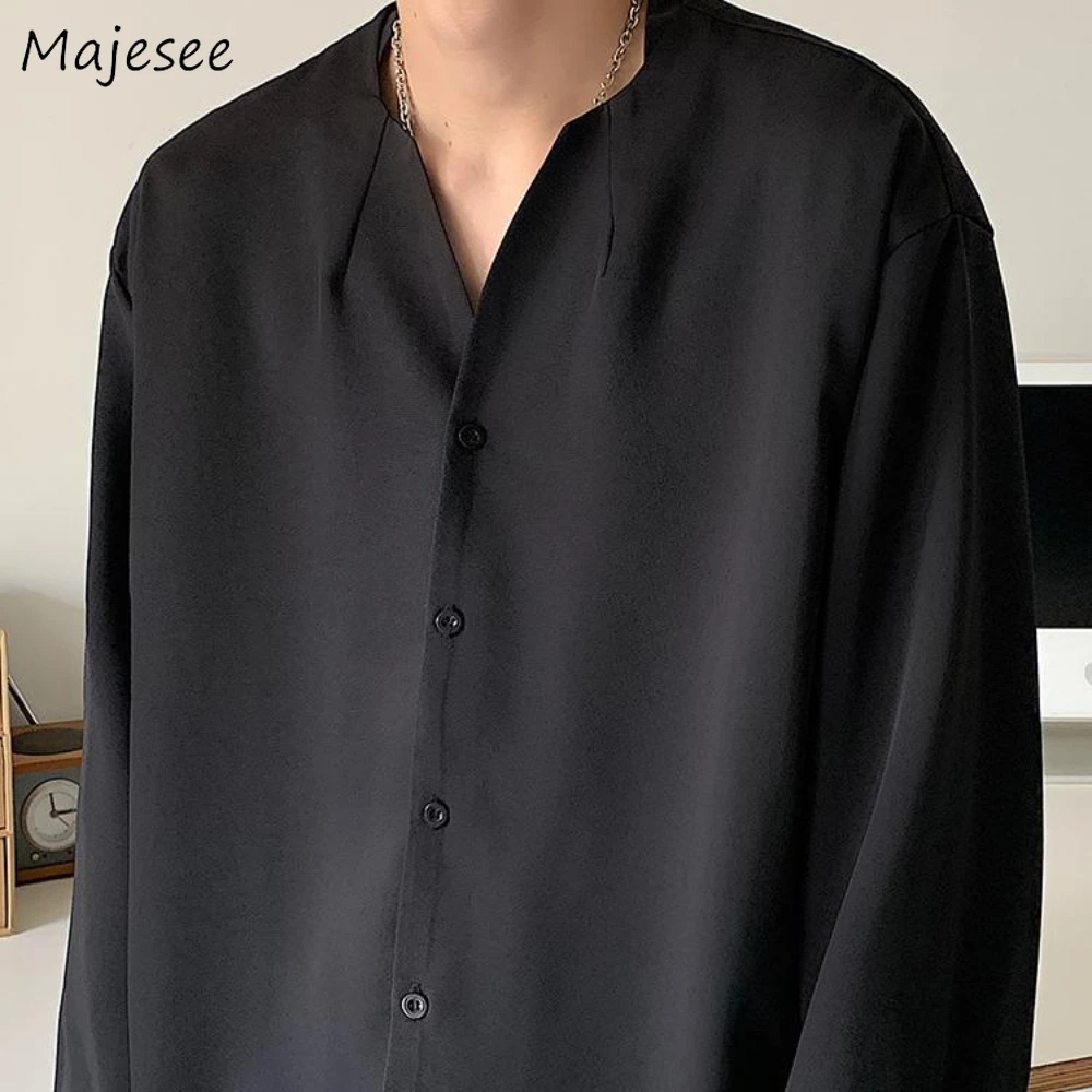 

Fashion Solid Shirts Men Smart Casual Collarless Streetwear Simple Long Sleeve 2023 New Autumn All-match Cool Clean Loose Chic
