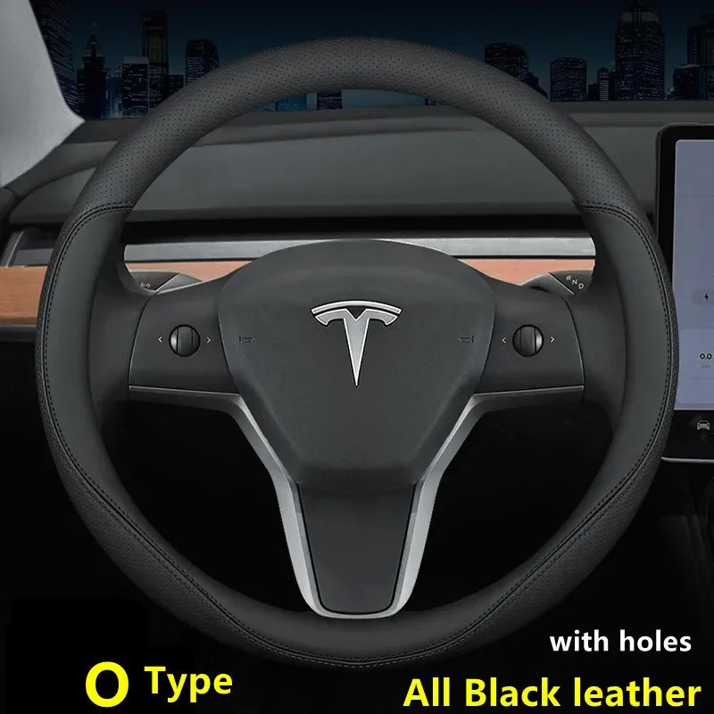 Capa de volante de couro Nappa para Tesla, Acessórios para interiores automotivos pretos, Model 3, Y, S, X, 2019-2023, 4 estações, 36-38 cm