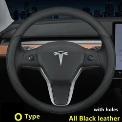 Nappa Leather Car Steering Wheel Cover For Tesla Model 3 Y S X 2019 - 2025 4 Seasons 36-38 CM Black Auto Interior Accessories