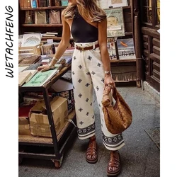 High Waist White Wide Leg Pants Women Clothes 2024 Boho Holiday Beach Printed Elegant Long Trousers Summer Casual Lady Pants