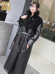 Luxury Natural Shearling Women Long Warm Overcoat Belted Double Breasted Genuine Leather Real Fur Jacket Thick Wool Lining Coat
