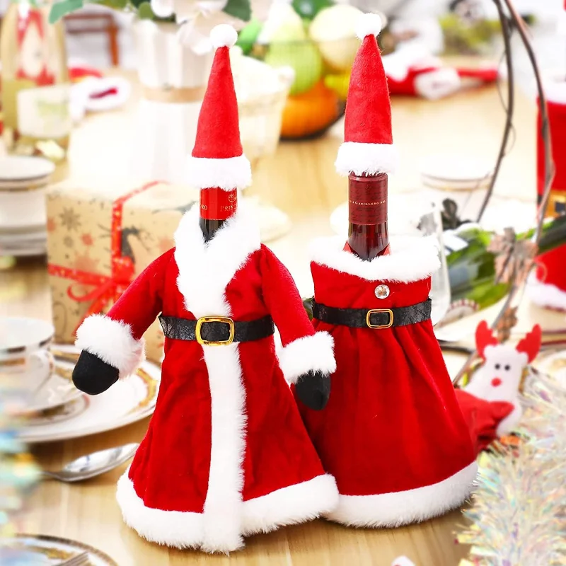 Christmas Wine Bottle Set Party Table Decor Wine Bottle Cover Red Velvet Dress Santa Claus Costume New Years Dinnerware Decor