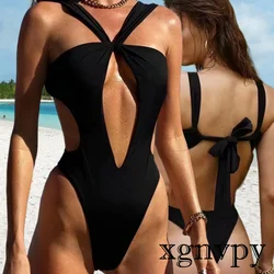 Xgnvpy New Europe and the United States sexy pure color one-piece swimsuit female hollow-back women's swimsuit