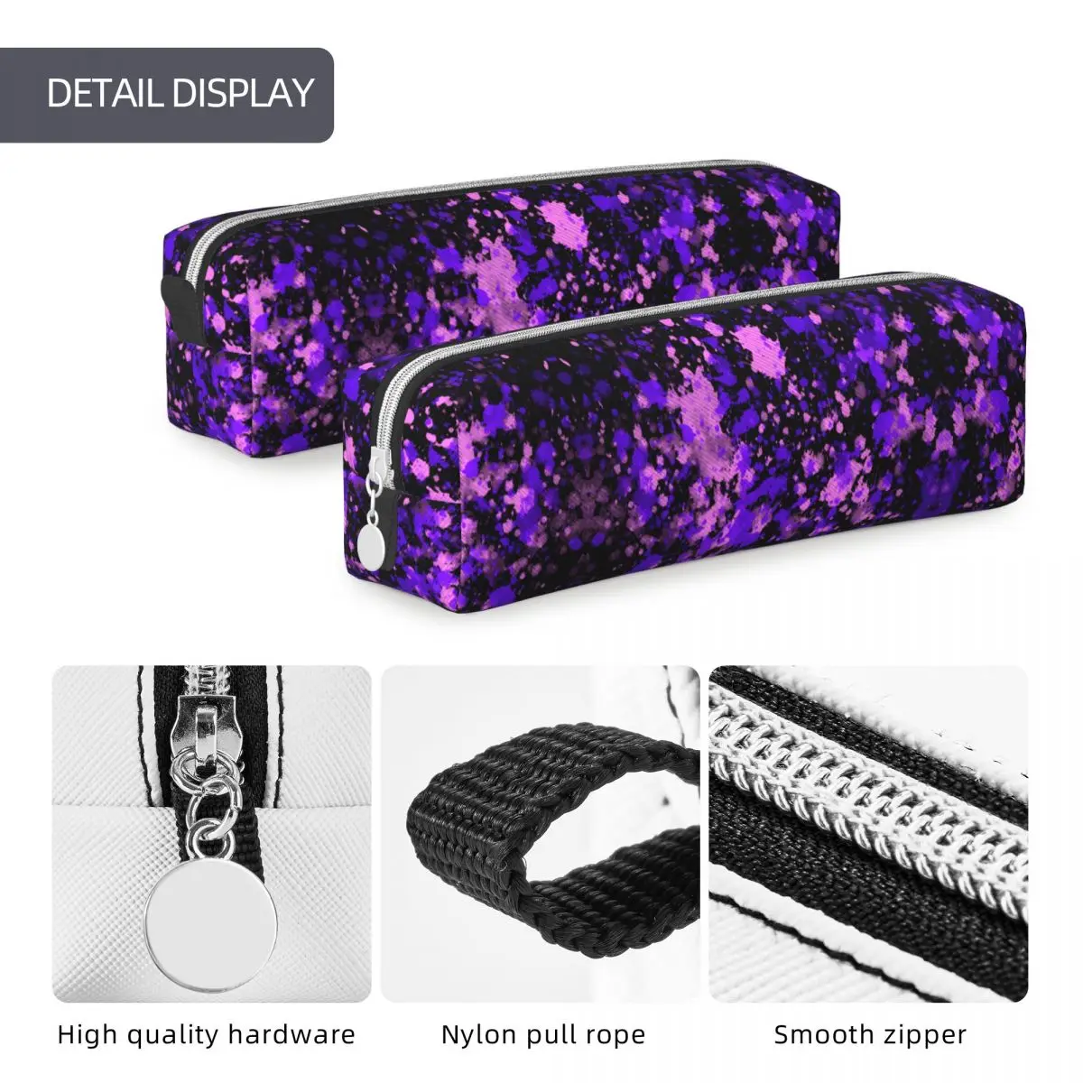 Imagem -05 - Tinta Roxa Splatter Pencil Case Bolsa com Zíper de Impressão Abstrata Cute University School Pencil Cases Meninas e Meninos Suprimentos