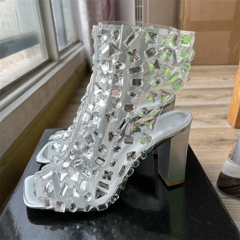 Crystal Transparent Rhinestone Zippered Sandals Spicy Girl Hot Dance Nightclub High Heels Silver Dress Paired With Women's Shoes