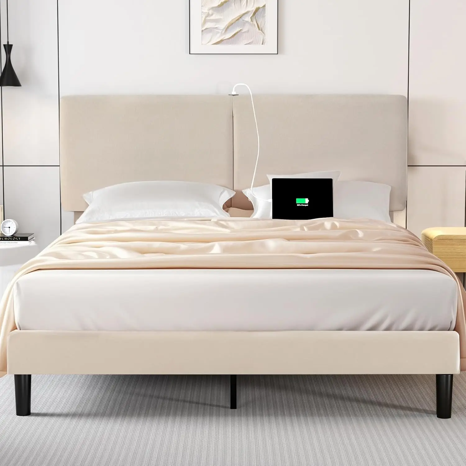 

Queen Bed Frame With Type-C & Usb Ports, Upholstered Platform Height-Adjustable Cotton And Linen Headboard, No Box Spring