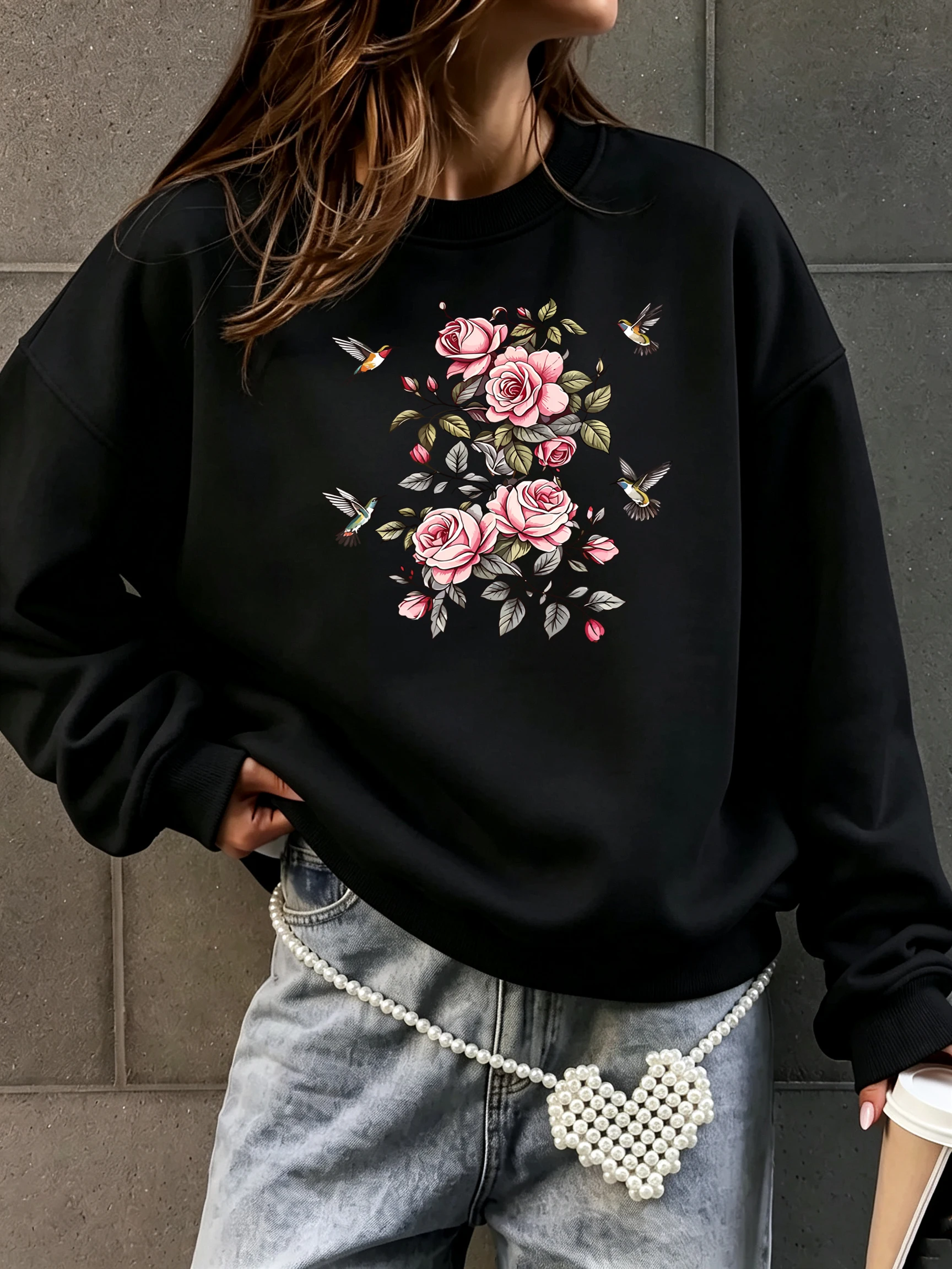 Rosa Rosen-Kolibri-Blumenmuster, Damen-Pullover mit Rundhalsausschnitt, Y2K-Sport-Sweatshirt, Herbst, lockere Kleidung, Fleece, Jogging, Streetwear – Detail 10