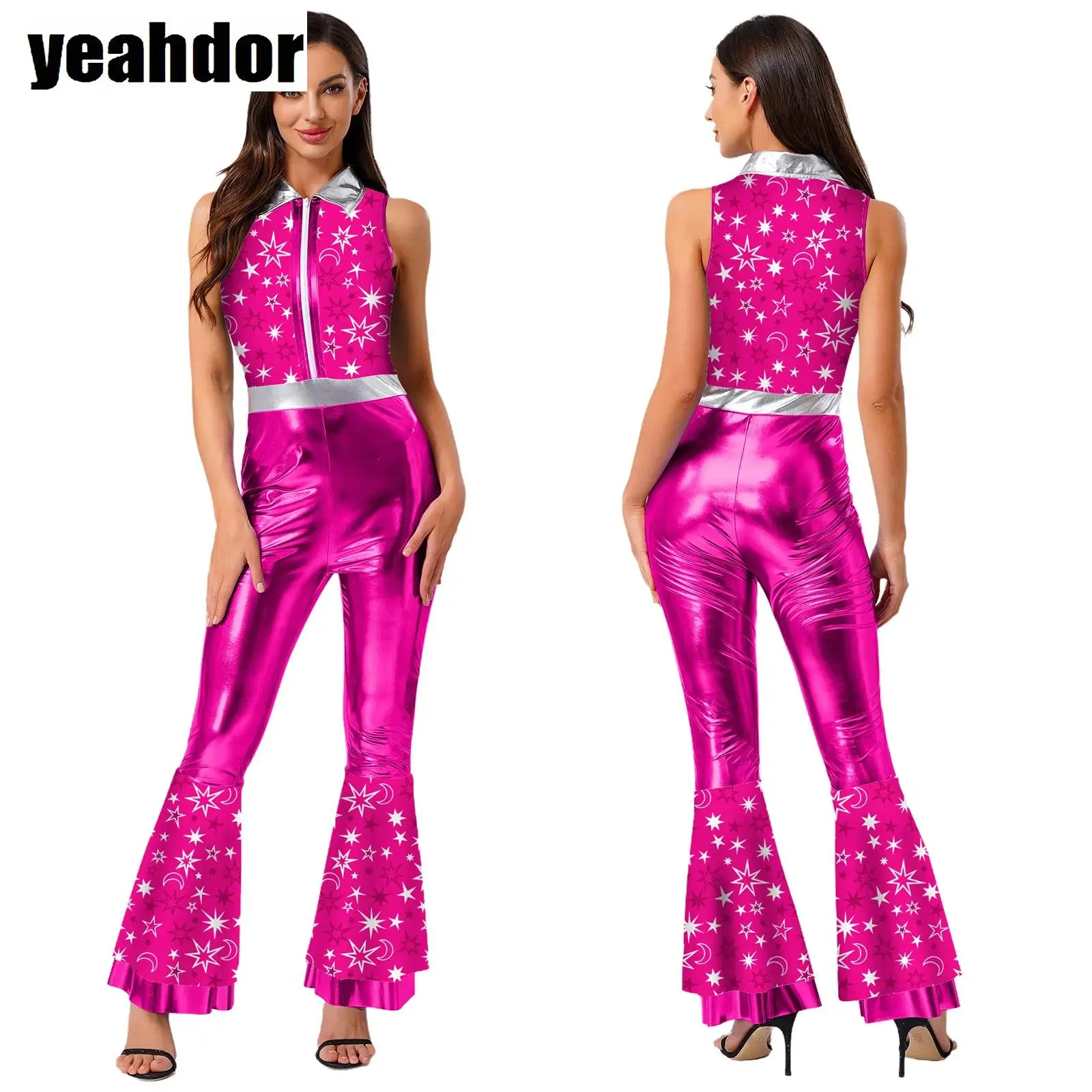 

Women 70s Disco Dance Rompers Chic Print Metallic Shiny Sleeveless Hip-hop Jazz Dance Jumpsuit Halloween Hippie Cosplay Bodysuit