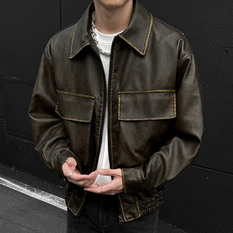 

Vintage Collar Short PU Leather Jacket Men Bronze Color Windproof Faux Leather Coat Large Pockets Autumn Winter Mens Outerwear