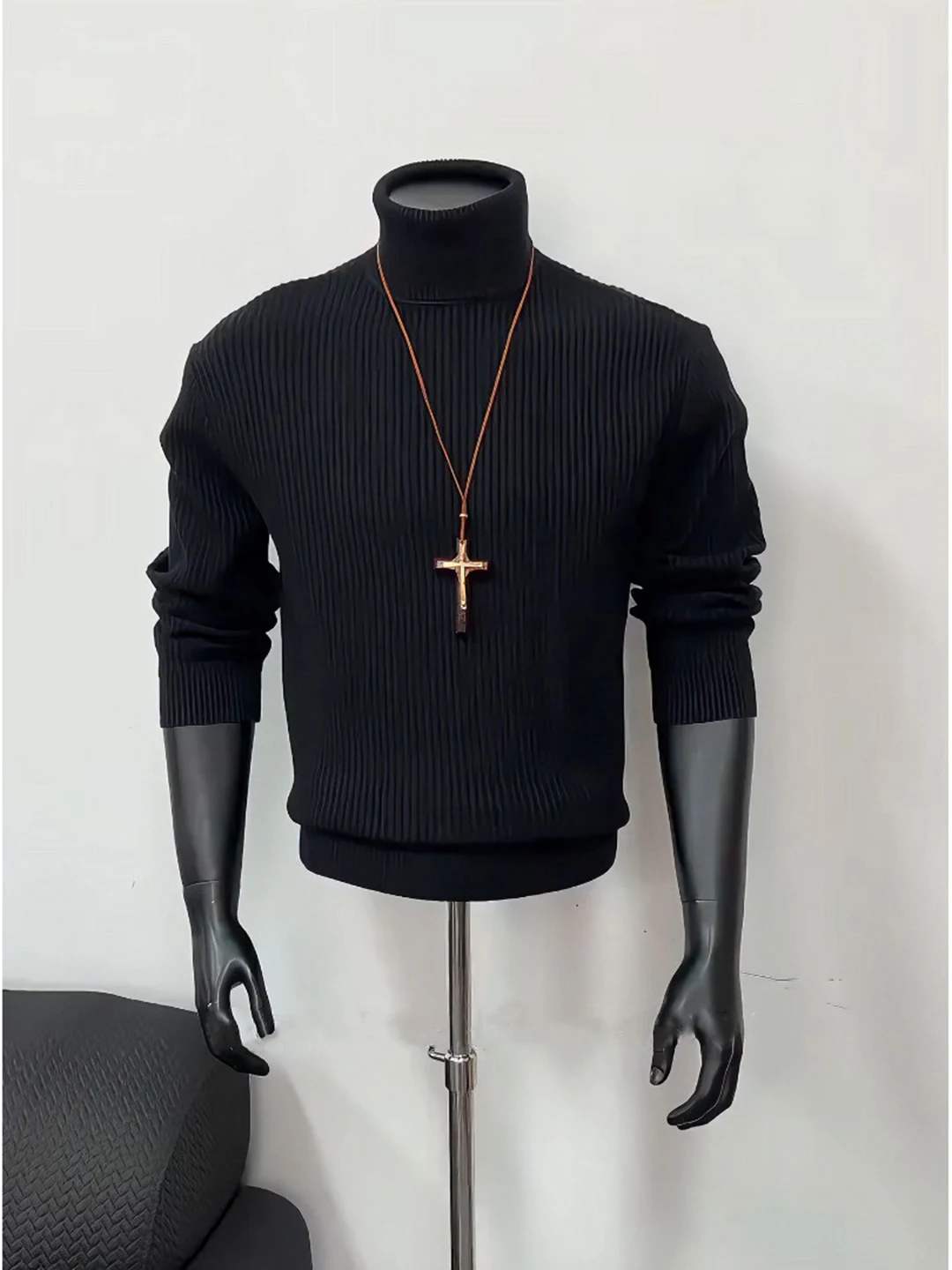 

Bla High Collar Flip-able Knitwear Men's Autumn Winter Striped Slim Fit Base irt American Lazy Inner Wear Sweater