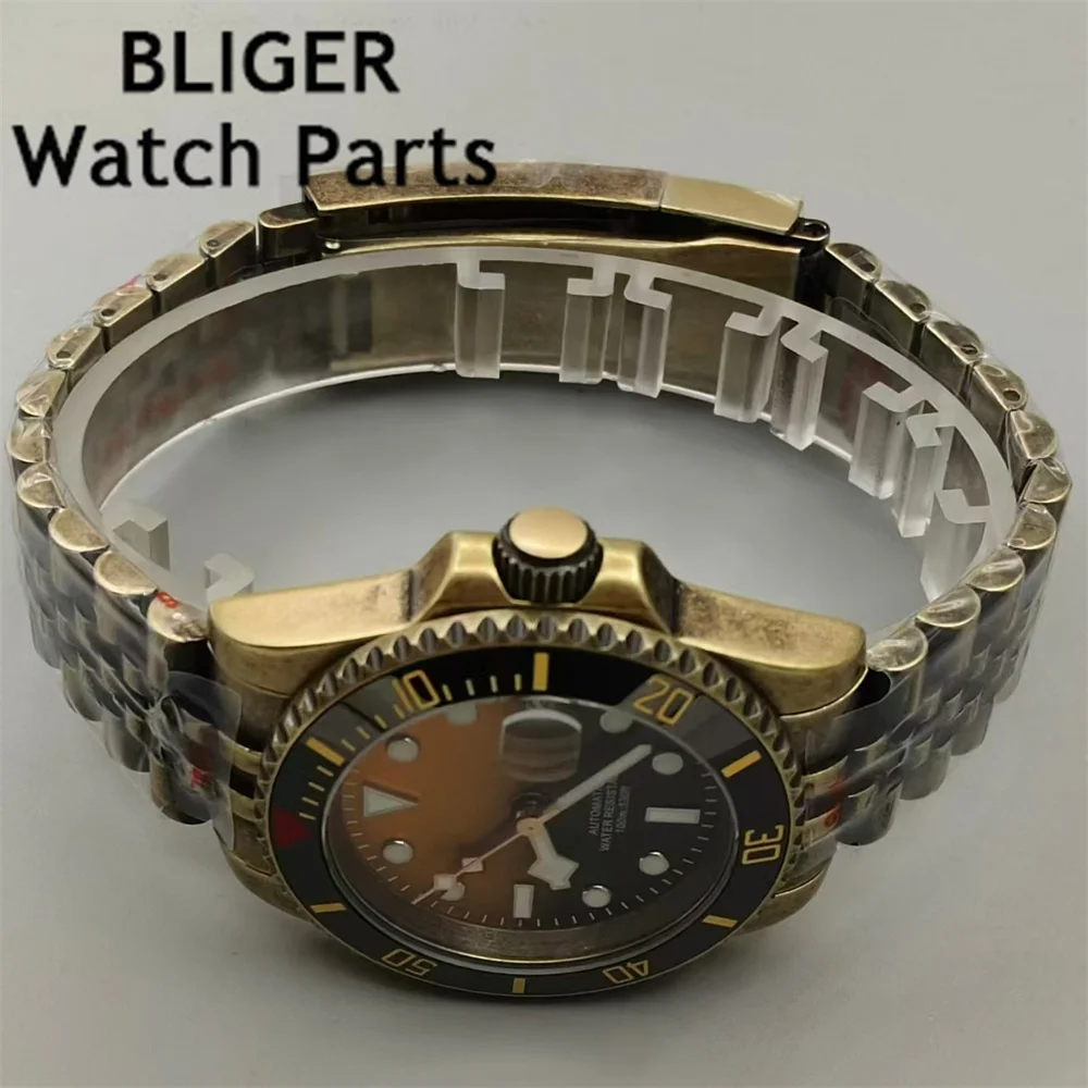 BLIGER 40mm NH34A Bronze Men's Automatic Watch GMT Function Black Yellow Dial Sapphire Glass Stainless steel Case Green Luminous