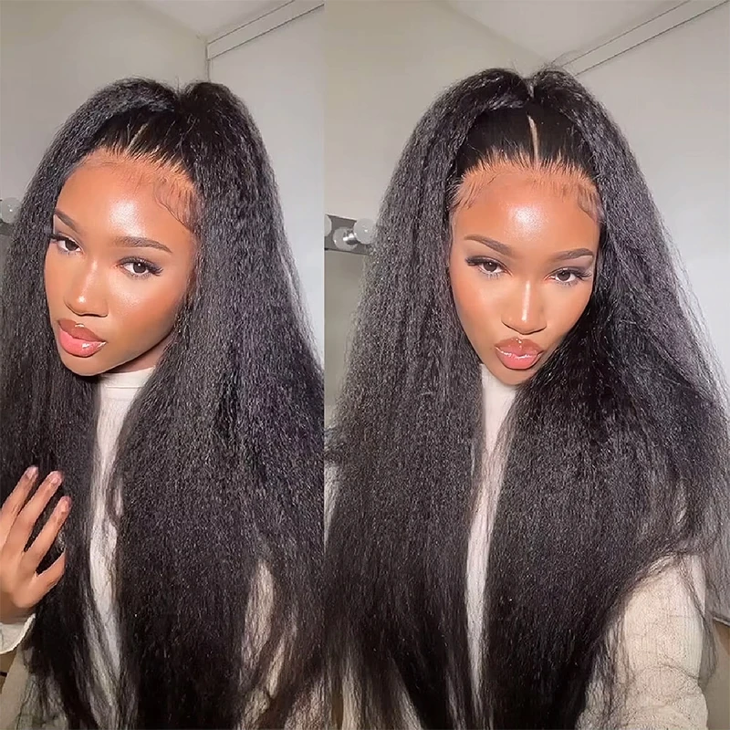 220% Density 16-40 Inch Invisi Strap 360 Full HD Lace Frontal Kinky Straight Wig Black Human Hair Drawstring Snug Straight Glueless Wigs Invisible Strap Glueless Invisi Strap Full Lace Kinky Straight Wig For Women Ready To Wear Preplucked Prebleached