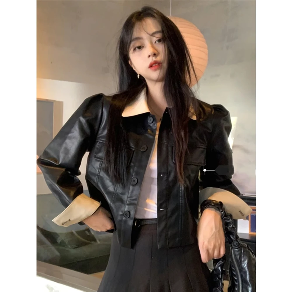 Spleißen Farbe Stil Schwarz Kurze Motorrad Leder Jacke Für Frauen High-end-Herbst Winter Amerikanischen Retro Y2K PU Leder mantel