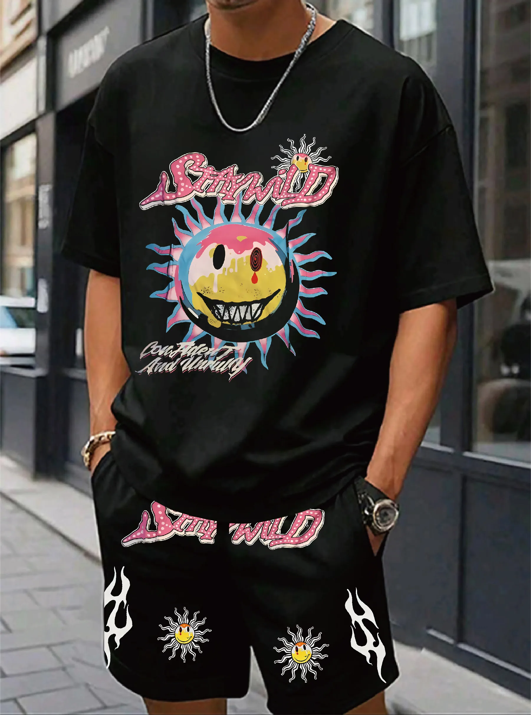 

Round neck T-shirt Black Sunny smiling face print and "SAWID" text Casual street style