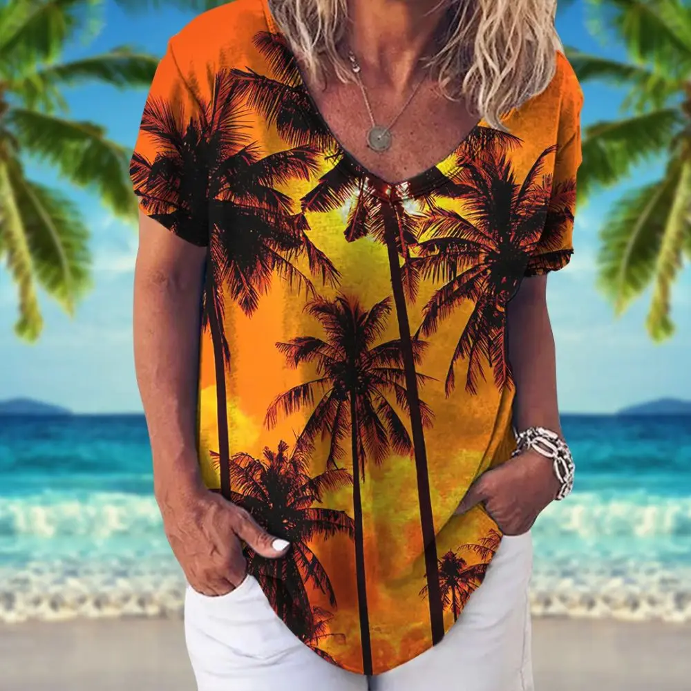 Zomer Vrouwen T-shirt Hawaiian Shirt Kokospalm Patroon V-hals Korte Mouw Tops Vakantie Kleding 5xl Meisjes Tee Dames Kleding