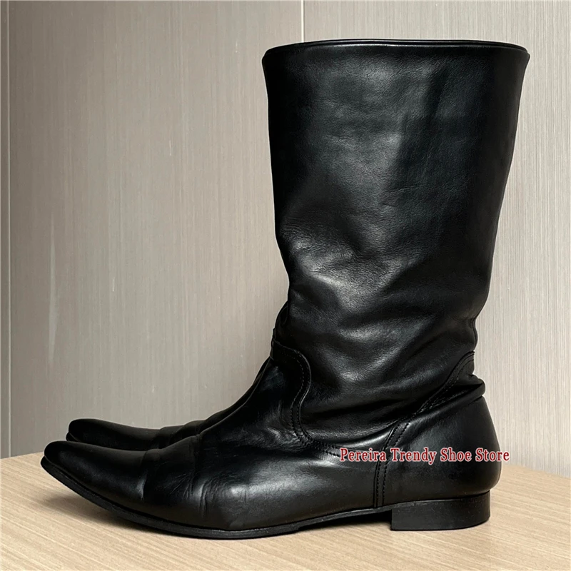Retro Pointed Toe Knight Boots for Men Women British Style Black Leather Slip-On Long Boots Autumn Winter Trendy Neutral Shoes