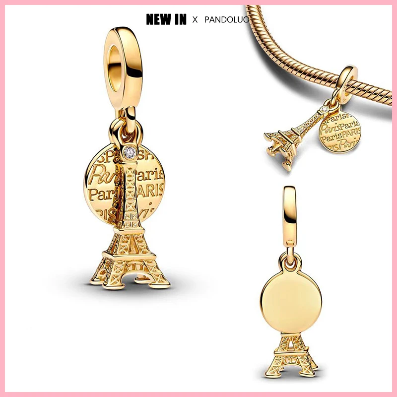 

Fit Pandora 925 Original Charm Bracelet Women 925 Sterling Silver Paris Eiffel Golden Tower Charms Beads DIY Jewelry Gifts New