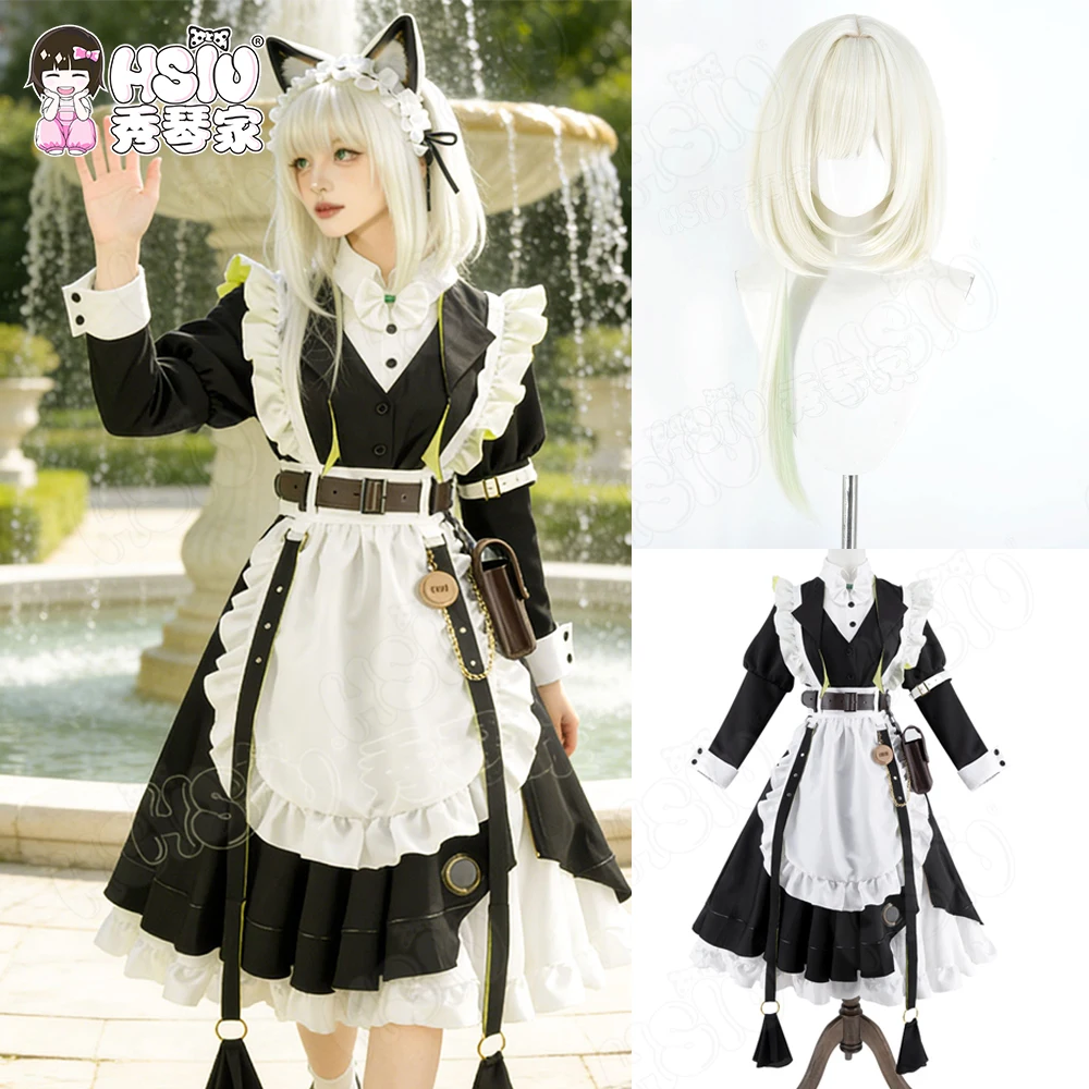 

Калцит ‌ Костюм для косплея, парик из синтетического волокна, «HSIU», черное платье горничной, желто-зеленый короткий парик, парик для игры Arknights